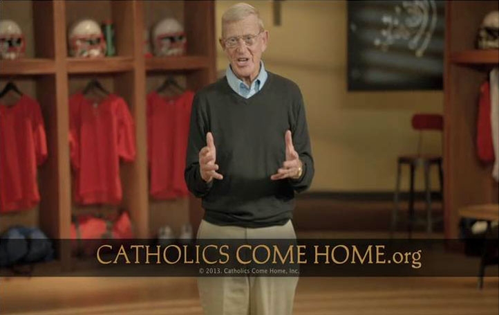 Former Notre Dame football coach Lou Holtz offers a faith pep-talk during a Catholics Come Home commercial. The 30-second spots will air through Jan. 8, aligning with college football's bowl season. (CatholicsComeHome.org)