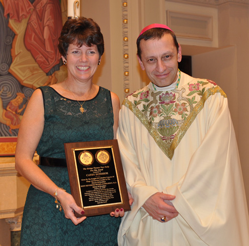 Cathy Donohoe and Bridgeport, Conn., Bishop Frank Caggiano. Donohoe was the recipient of a 2015 Bishop Thomas V. Daily Pro Vita Award presented by the Brooklyn, N.Y., diocese and the Knights of Columbus. (Ed Wilkinson)