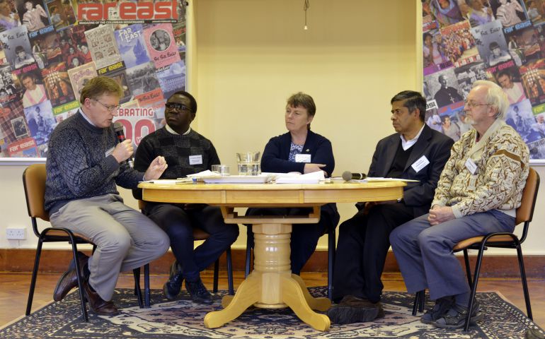 From left: Fr. Kevin O'Neill, superior general of the Missionary Society of St. Columban; Fr. Stanley Lubungo, superior general of the Missionaries of Africa; Sr. Mary T. Barron, vicar general of the Missionary Sisters of Our Lady of Apostles; Fr. Jacob Nampudakam, rector general of the Pallotines Missionaries; and Fr. Michel Roncin, general council of the Missions Etrangères de Paris, at the missionary colloquium, held Feb. 8-9 in Navan, County Meath, Ireland (Courtesy of the Columban Mission Office)