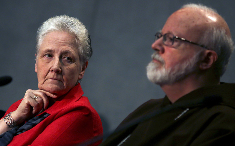 Marie Collins and Boston Cardinal Sean O'Malley during a May 3, 2014, briefing at the Holy See press office at the Vatican (CNS/Reuters/Alessandro Bianchi)