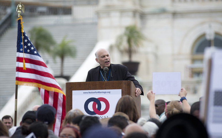 Archbishop Salvatore Cordileone addresses supporters of traditional marriage during the 2014  March for Marriage on the West Lawn of the Capitol in Washington. (CNS/Tyler Orsburn)