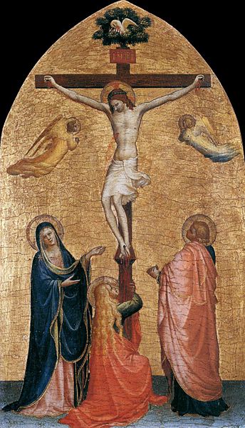 Fra Angelico, "Crucifixtion with the Virgin, John the Evangelist and Mary Magdelene," tempera and gold on panel, 64 cm x 38 cm, c. 1419-1420. ([Public domain], via Wikimedia Commons)