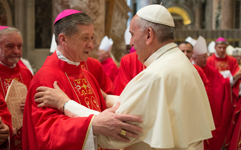 Pope Francis greets Archbishop Blase Cupich of Chicago after a Mass marking the feast of Sts. Peter and Paul in St. Peter's Basilica on Monday at the Vatican. (CNS/Paul Haring)