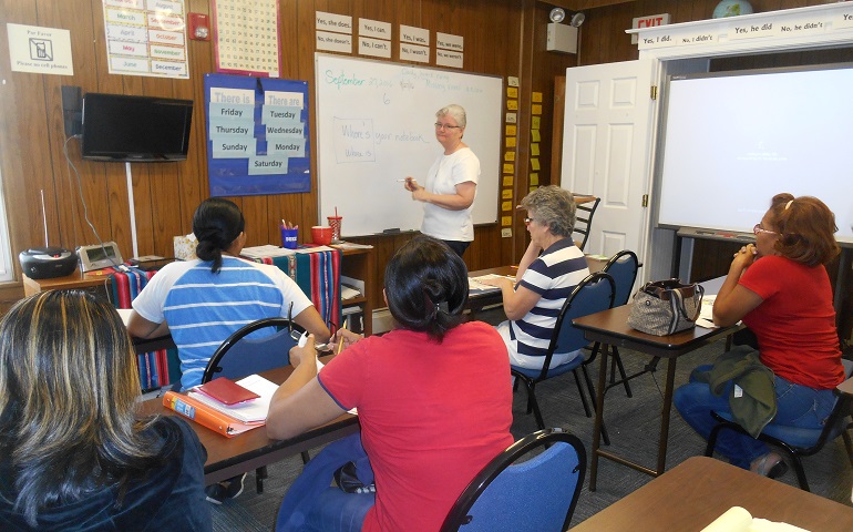 St. Joseph Sr. Patricia Madden teaches an English-language class at the Sisters of St. Joseph Welcome Center in Philadelphia. (Mercedes Gallese)