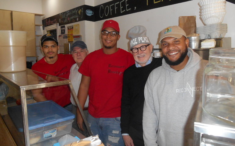 From left: Frank Lachapelle, Jim Cuddihy, Jose Severino, Ron Oberdick and Efrain Hernandez at the Reconnect Café in Brooklyn, N.Y. (NCR photo/Peter Feuerherd)