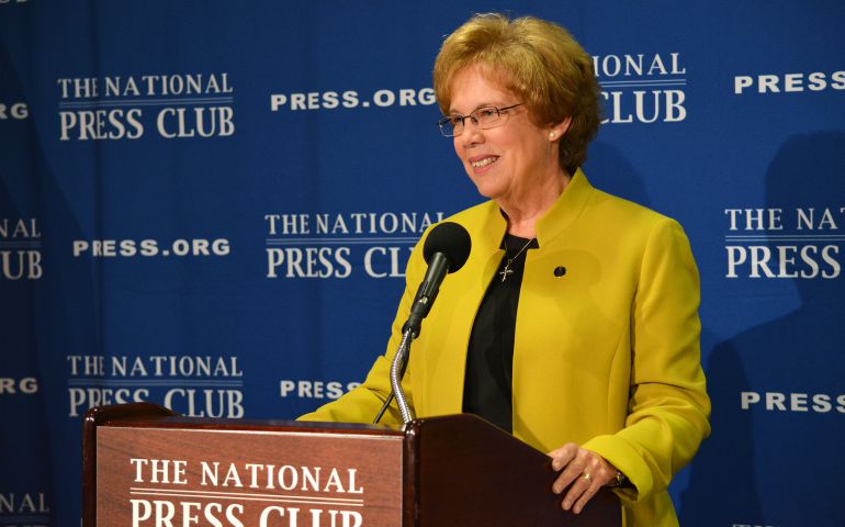 Dominican Sr. Donna Markham speaks at the National Press Club in September in Washington, D.C. (Courtesy of Catholic Charities USA/ Elias Kontogiannis)