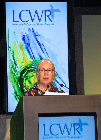 Activist Debra Pekny speaks to LCWR members Thursday in Nashville, Tenn., about her efforts to stop the proposed Bluegrass Pipeline, which was to carry natural gas and natural gas liquids such as propane, methane and butane, 600 miles from Ohio to Louisiana. (Dan Stockman)