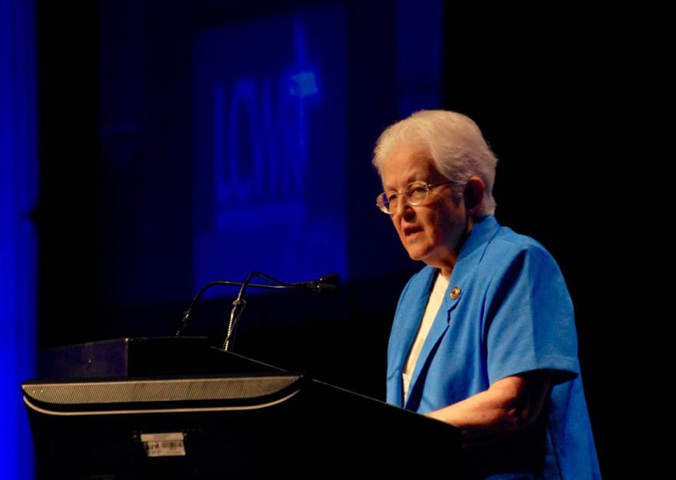 LCWR President and Immaculate Heart of Mary Sr. Sharon Holland delivers the Presidential Address Wednesday morning at the Leadership Conference of Women Religious Assembly in Houston. (GSR photo/Dan Stockman)