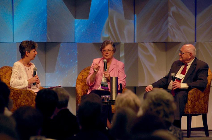 Immaculate Heart of Mary Sister Annmarie Sanders moderates a discussion between Congregation of Saint Joseph Sister Janet Mock and Society of the Divine Word Father Stephan Bevans Friday on how the Leadership Conference of Women Religious can move forward. (GSR photo/Dan Stockman)