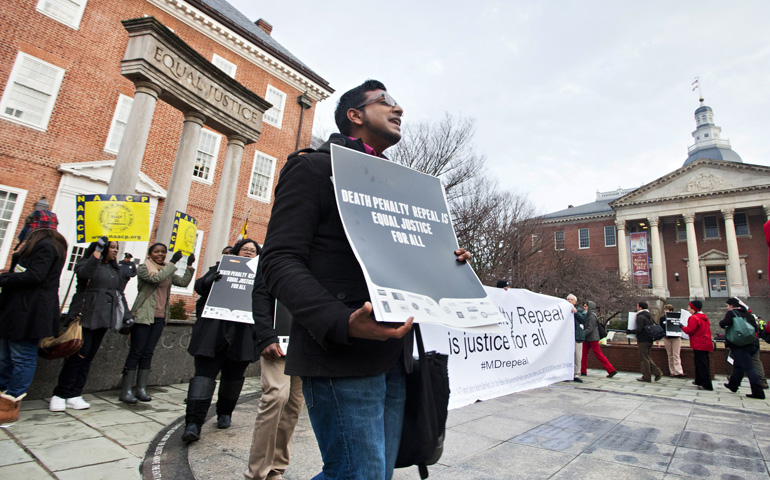 Travis Ballie joins others in chanting for the repeal of the death penalty in Maryland during a rally in early January hosted by Maryland Citizens Against State Executions on the Lawyer's Mall in front of the Statehouse in Annapolis. Maryland's death penalty was abolished May 2. (CNS/Catholic Review/Tom McCarthy Jr.)