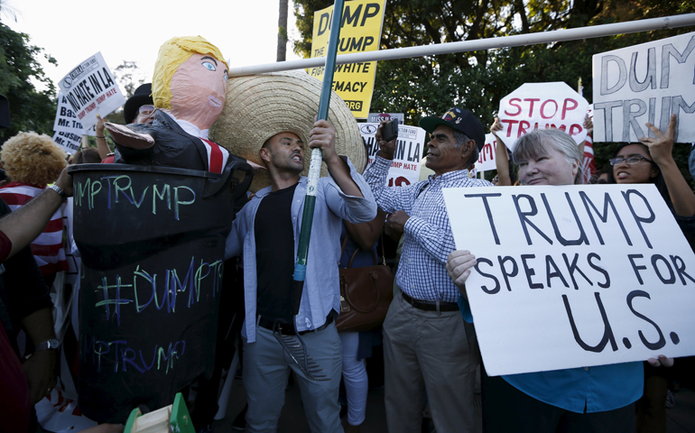 Opponents and supporters of Republican presidential candidate Donald Trump demonstrate July 10 outside a Los Angeles hotel. (CNS/Reuters/Lucy Nicholson)