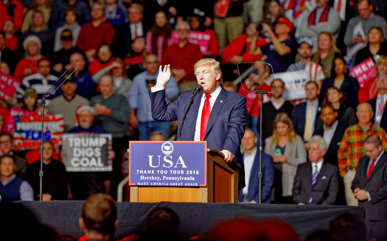 President-elect Donald Trump addresses the crowd in Hershey, Pa., on Dec. 15, 2016, at a stop on his "USA Thank You Tour." (Wikimedia Commons/Michael Vadon)