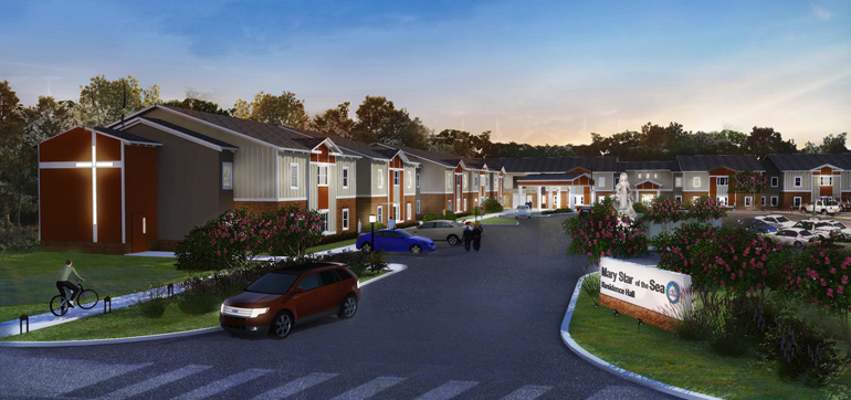 The planned Mary Star of the Sea Catholic Student Residence at Florida Institute of Technology in Melbourne, Fla., is shown in an artist rendering. The Newman Student Housing Fund is providing the financial assistance needed for the new dormitory, which will house 140 students starting in the fall. (CNS illustration/courtesy Newman Student Housing Fund, LLC)