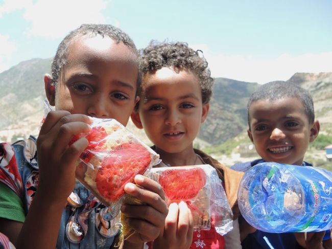 Children at a Catholic kindergarten in Dahwan, Tigray region, with high-energy biscuits. The St. Louis Sisters obtained special funding to ensure they could provide the enriched biscuits year-round. (GSR photo/Melanie Lidman)