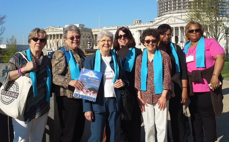 Marianne Comfort, third from right, with Mercy sisters and associates preparing to advocate on Capitol Hill for voting rights and against the Trans-Pacific Partnership trade deal