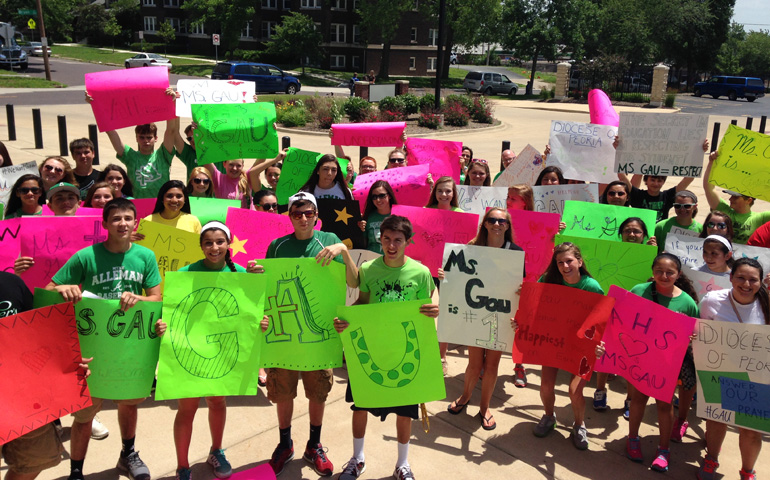 Students rally at the Peoria, Ill., diocese's headquarters (Evan Thornton)