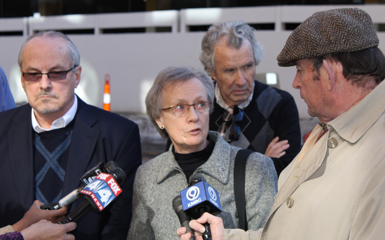 Mercy Sr. Jeanne Christensen speaks to members of the media Monday outside the Kansas City, Mo., diocesan office. (NCR Photo/Brian Roewe)
