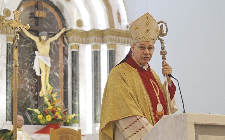 Bishop Robert Finn gives a homily at Church of the Holy Martyrs in Kansas City, Mo., Feb. 8, 2013. (NCR photo/Eloisa Perez-Lozano)