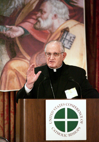 Retired Galveston-Houston Archbishop Joseph Fiorenza speaks during a 2006 meeting of the U.S. bishops in Los Angeles. (CNS/Greg Tarczynski)