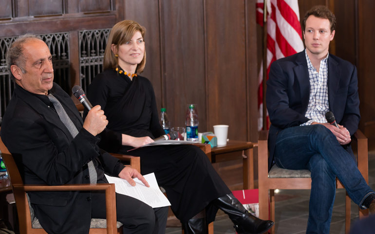 From left: David Elcott, a New York University professor, Rosanne Haggerty and Will Haughey at "The Business of Justice: New Horizons and Social Transformation" on Tuesday at Fordham University. (Fordham University/Leo Sorel)