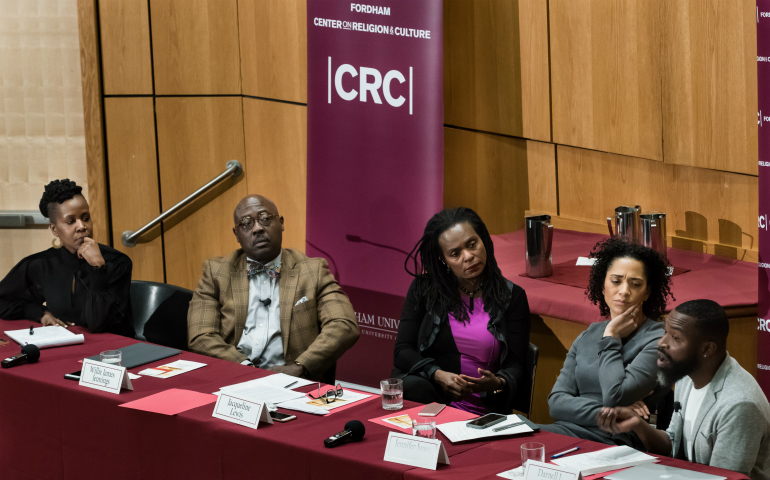 Panelists participate in "Deliver Us From Hatred: Does Religion in America Have a Race Problem?" at Fordham University, Feb. 21. From left: Aimee Meredith Cox, Willie James Jennings, Jacqueline Lewis, Jennifer Jones Austin and Darnell L. Moore. (Courtesy of Fordham University/Leo Sorel)