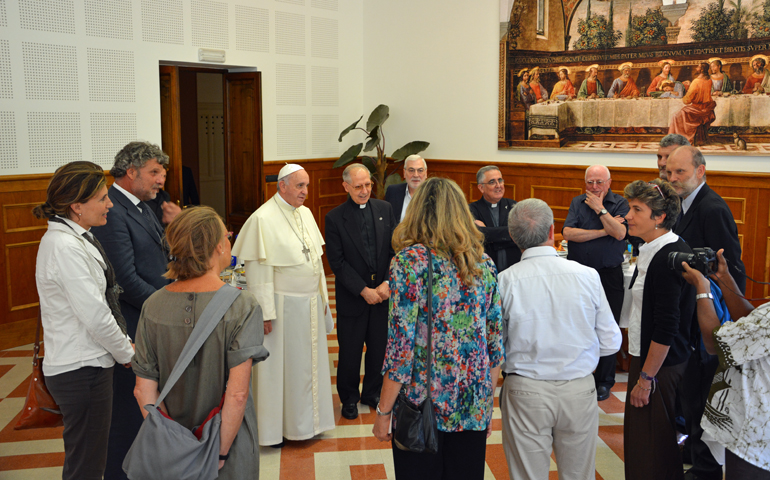 Pope Francis meets the four sisters and three brothers of Jesuit Fr. Paolo Dall'Oglio, missing and presumed kidnapped in northern Syria since July 29, 2013. The pope met the family at the Jesuit headquarters in Rome, where they all joined the Jesuit community for lunch. (CNS photo courtesy Infosj, Rome)