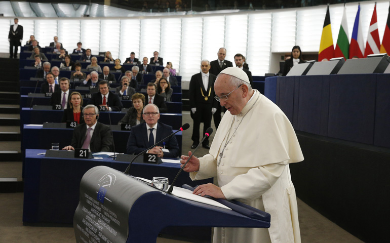 Pope Francis speaks during a visit to the European Parliament on Tuesday in Strasbourg, France. (CNS/Paul Haring) 