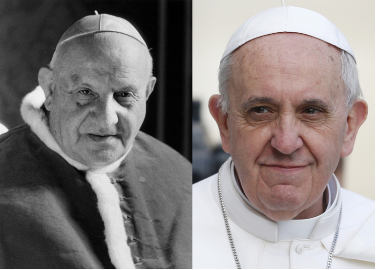 Pope John XXIII at left, Pope Francis at right. (CNS photos)