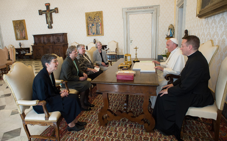 Pope Francis meets with representatives of the U.S. Leadership Conference of Women Religious in his library in the Apostolic Palace on Thursday at the Vatican. (CNS/L'Osservatore Romano)