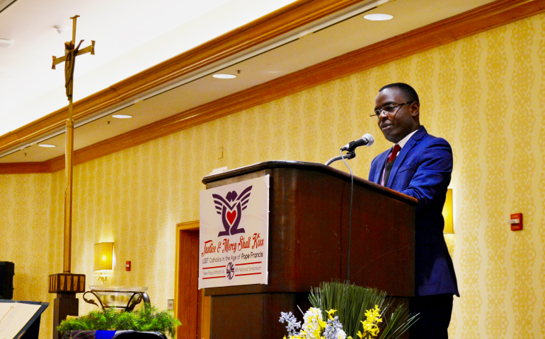 Frank Mugisha speaks at News Ways Ministry's national symposium in Chicago April 30. (Robert Shine)
