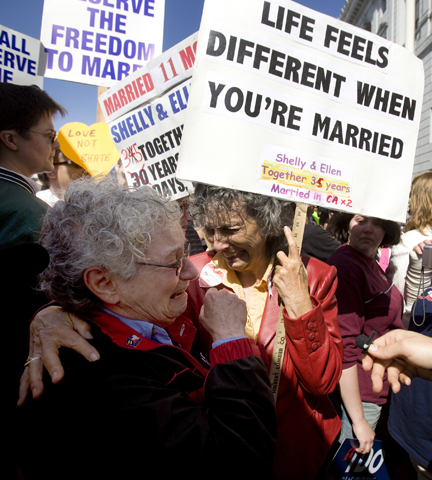 Shelly Bailes and Ellen Pontac react after hearing that California's Supreme Court upheld a ban on same-sex marriage in May 2009 in San Francisco. (CNS/Reuters/Kimberly White)