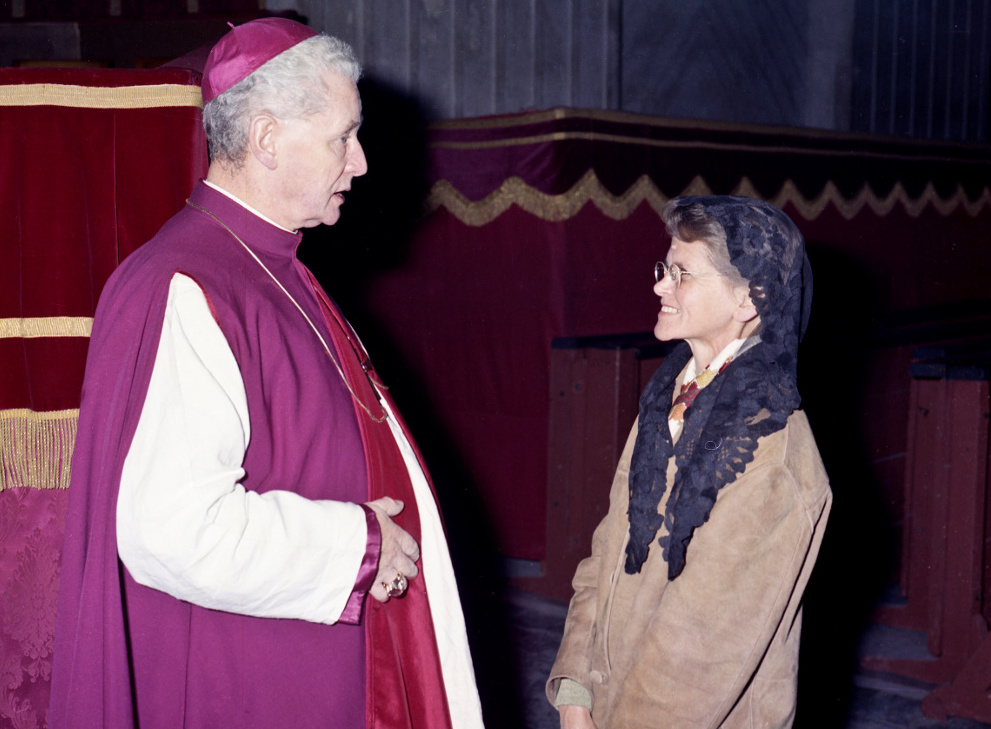 Australian native Rosemary Goldie speaks with a bishop during a meeting of the Second Vatican Council in 1964. (CNS/Catholic Press Photo)