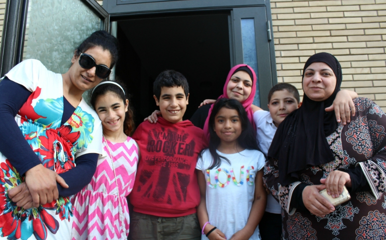 The families of Rasha Meish, left, and Maisa Al Said, far right, outside the resettlement house Casa della Speranza on grounds owned by the Missionary Sisters Servants of the Holy Spirit in Rome. Seen here are children of the two women and family friends. (GSR photo/Chris Herlinger)