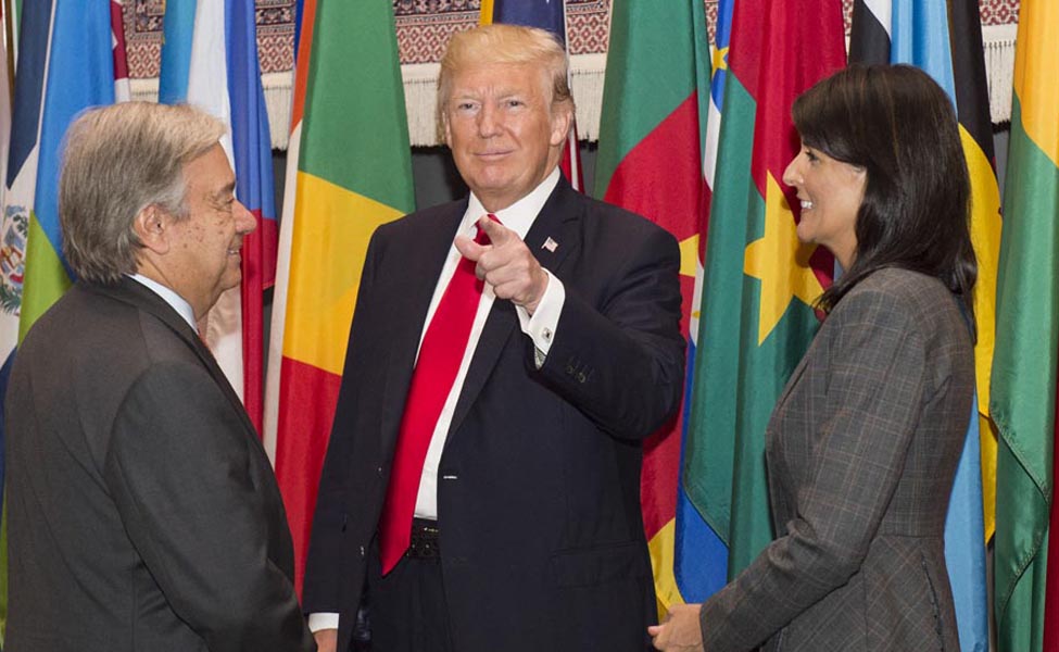 United Nations Secretary-General António Guterres, left, meets with President Donald Trump and Nikki Haley, U.S. ambassador to the U.N. in September 2017. (U.N. photo)