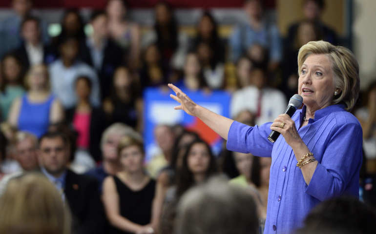 Presidential candidate Hillary Clinton at a town hall meeting in Nashua, N.H., Aug. 10. (Newscom/CJ Gunther)