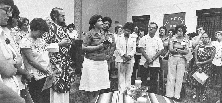 Ada María Isasi-Díaz, center, leads part of a meeting for Las Hermanas in this undated photo. (Courtesy of Center for Mexican American Studies and Research Collections, Our Lady of the Lake University)