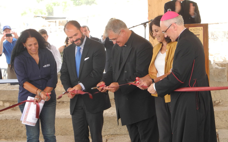 From left: Dina Avshalom-Gorni, an archaeologist with the Israeli Antiquities Authority; Carlos Fernandez, representative of the donors; Legionary Fr. Juan Maria Solana, general director of Magdala Center; Ahuva Zaken, deputy director general of the Israeli Ministry of Tourism, and Archbishop Guiseppe Lazzarotto, apostolic nuncio to Cyprus, cut the ribbon for the Magdala Center archaeological park. (Melanie Lidman)
