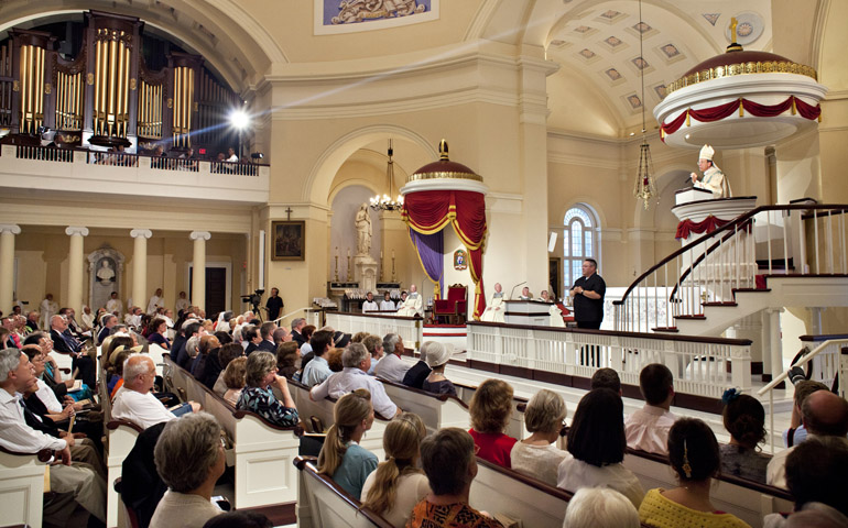 Archbishop William Lori of Baltimore delivers the homily during the opening Mass for the U.S. bishops' Fortnight for Freedom campaign June 21 at the Basilica of the National Shrine of the Assumption of the Blessed Virgin Mary in Baltimore. (CNS/Catholic Review/Tom McCarthy Jr.)