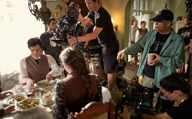 Ron Howard directs Johnny Flynn, who plays the young Albert Einstein, on the set of National Geographic's "Genius." (National Geographic/Robert Viglasky)