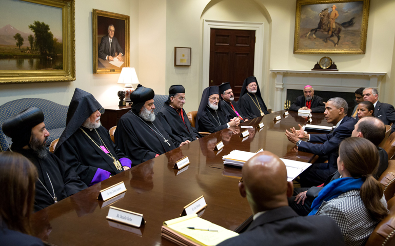 U.S. President Barack Obama gestures during a meeting with Lebanese Cardinal Bechara Rai, fourth from left, and other religious leaders Thursday at the White House. (CNS/Courtesy White House/Pete Souza)