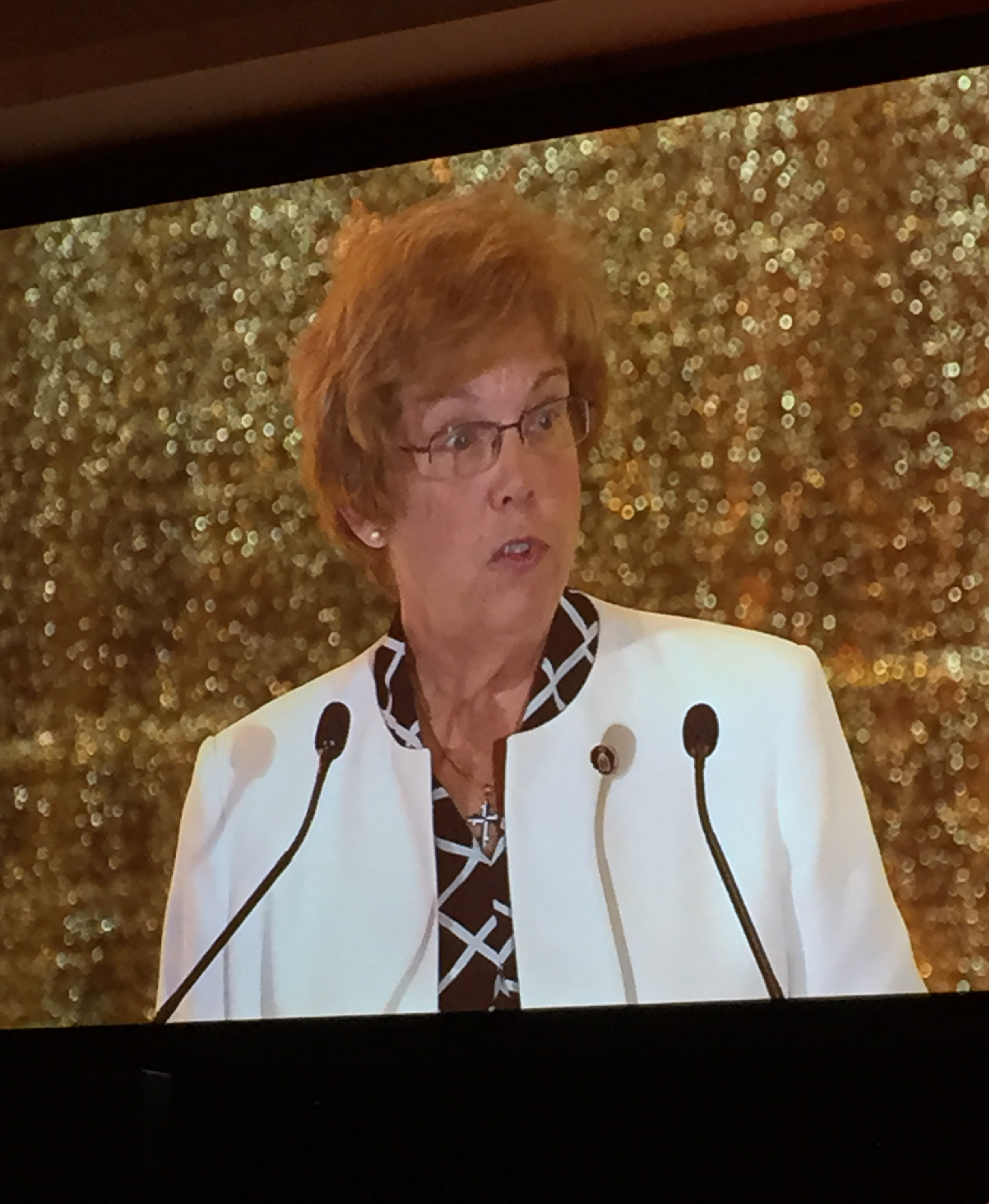 Video projection of Adrian Dominican Sr. Donna Markham, new president and CEO of Catholic Charities USA, giving her welcome address Sept 10 at Catholic Charities USA's annual gathering in Omaha, Neb.