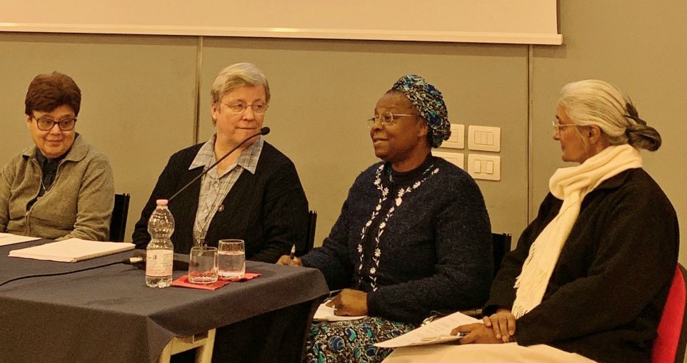 From left: Maltese Sr. Carmen Sammut, German Holy Spirit Sr. Maria Hornamann, Nigerian Holy Child Jesus Sr. Veronica Openibo and Indian Jesus and Mary Sr. Monica Joseph, pictured at a Feb. 25 briefing in Rome, following their participation with six other sisters in the summit on clergy sexual abuse. (NCR/Joshua J. McElwee)