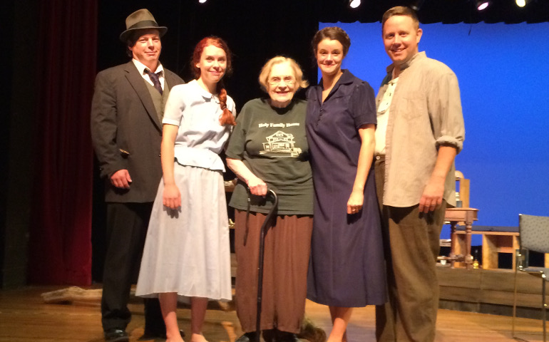 Patty McCarty, center, is surrounded by the cast: from left, Jason Will (Peter Maurin), Maura Atwood (Tamar), Susie Duecker (Dorothy Day), Ken T. Williams (Forster Batterham) on July 16 at Concordia University of Wisconsin, in Mequon, Wisconsin, where the Acacia Theatre Company presented "This Other Love." (Photo by Pamela Schaeffer) 