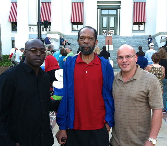 (From left to right) Herman Lindsey, the 23rd person to be exonerated from death row in Florida; David Keaton, the first exoneree from death row in Florida; and Seth Penalver, the 24th person to be exonerated from death row in Florida, at the Rally in Tally Against the Death Penalty, October 2014. (Mark Eliott, FADP)
