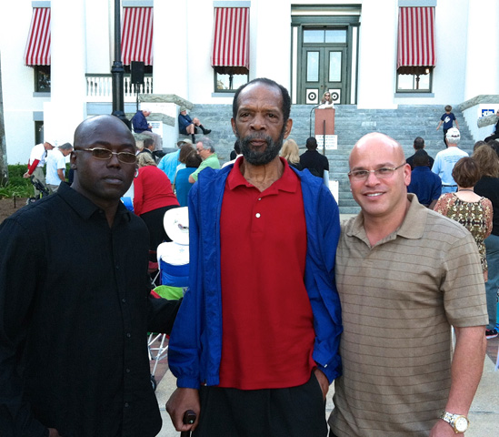 (From left to right) Herman Lindsey, the 23rd person to be exonerated from death row in Florida; David Keaton, the first exoneree from death row in Florida; and Seth Penalver, the 24th person to be exonerated from death row in Florida, at the Rally in Tally Against the Death Penalty, October 2014. (Mark Eliott, FADP)