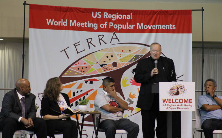 San Diego Bishop Robert McElroy addresses the U.S. regional meeting of the World Meeting of Popular Movements Feb. 18, in Modesto, Calif. (NCR photo/Brian Roewe)