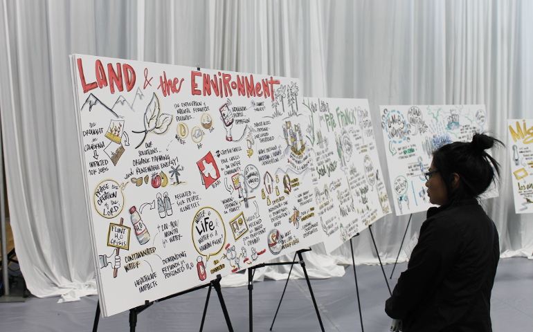 During the meeting in Modesto, Calif., artist Sonia Sawhney (not pictured) sketched visual notes of each of the panel discussions. (NCR photo/Brian Roewe)