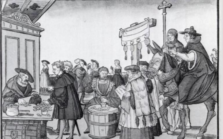 The sale of indulgences shown in "A Question to a Mintmaker," woodcut by Jörg Breu the Elder of Augsburg, circa 1530.