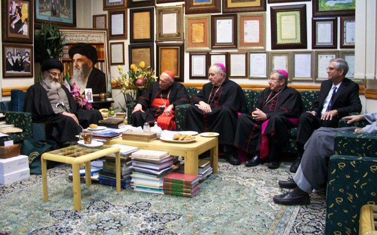 From left: Seyyed Mahmoud, U.S. Cardinal Theodore McCarrick, Bishop Richard Pates, Bishop Denis Madden, and Stephen Colecchi meet in March at the Ayatollah Marashi Najafi Library in Qom, Iran. (CNS/Courtesy Stephen M. Colecchi)