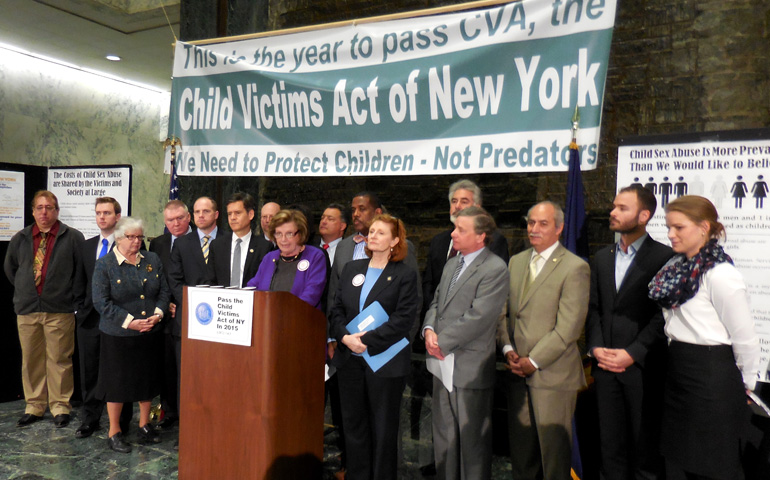 Assemblywoman Margaret Markey, at lectern, and fellow assemblymembers and senators lead a rally in support of the Child Victims Act of New York on Wednesday in Albany, N.Y. More than 100 advocates and supporters of the legislation came to Albany to meet with assemblymembers and senators to lobby them to support the bill. (NY State Assembly)